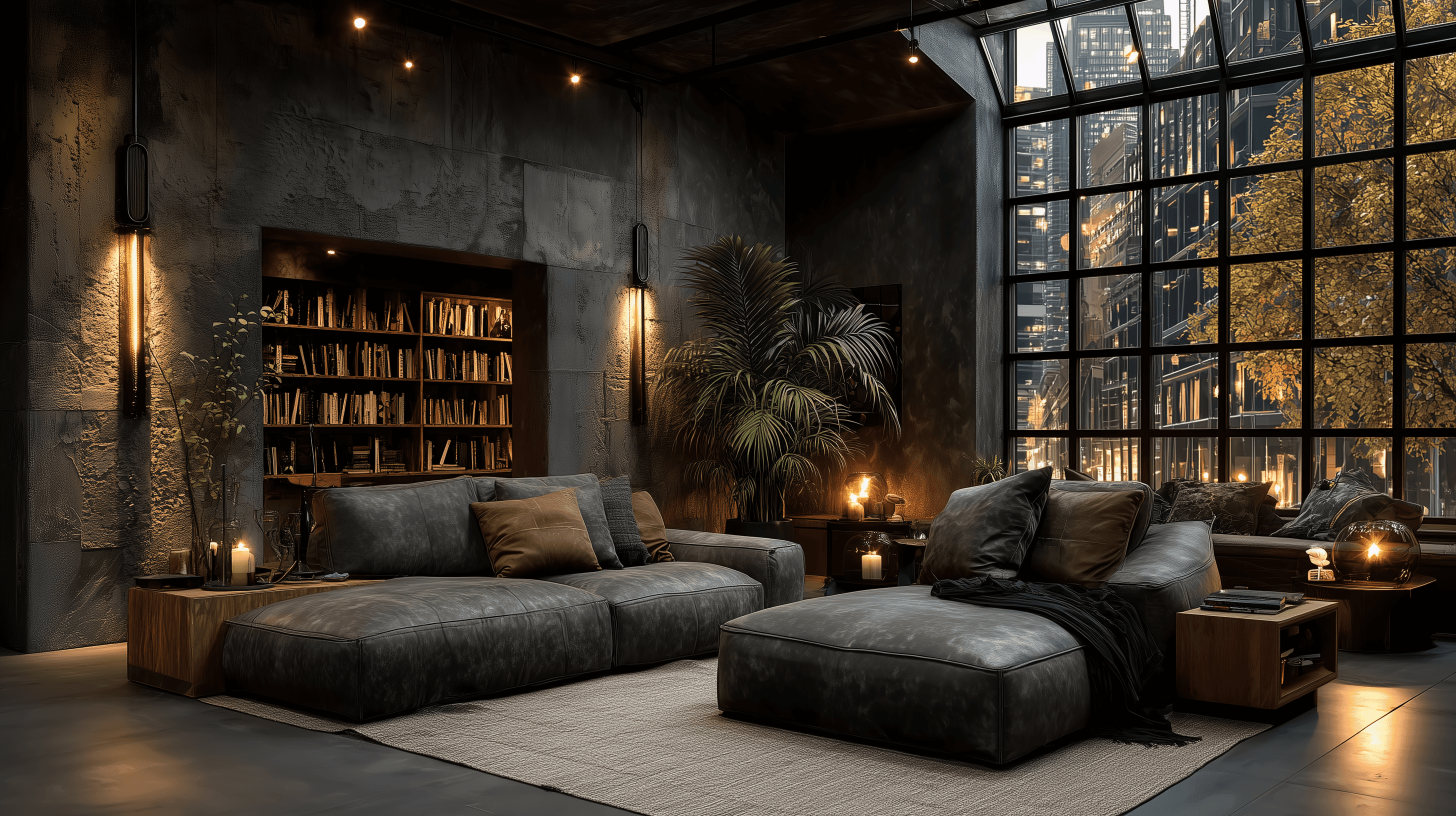 Espaço interior moderno com grandes portas de vidro, vegetação luxuriante e uma área de estar acolhedora visível ao fundo.